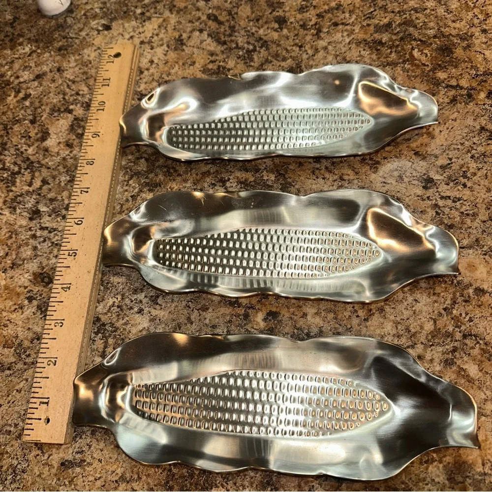 Crate & Barrel Set of Three Stainless Steel Corn Trays